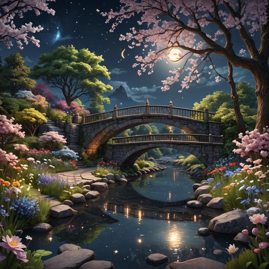 Blooming Garden at Night with Stone Bridge