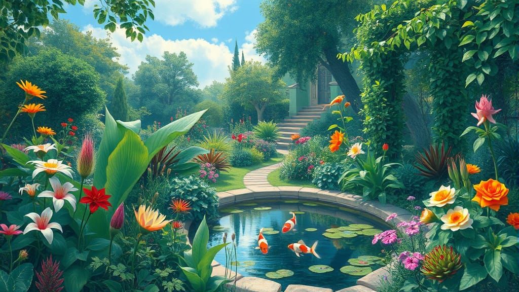 Impressionist Garden with Koi Pond and Exotic Flowers