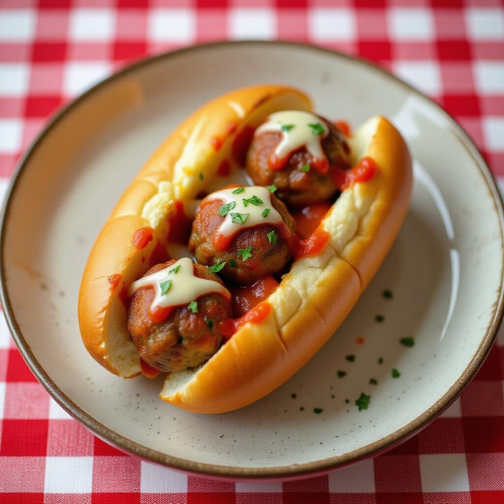 Metallic Meatball Sub on Checkerboard Tablecloth