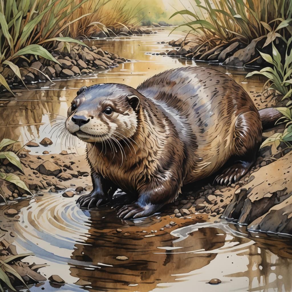 Happy Otter Slides Down Muddy Bank