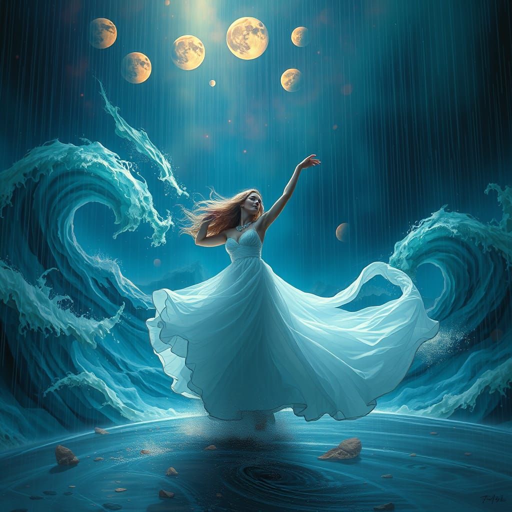 Ethereal Woman Dancing in Rain with Moon Cycles
