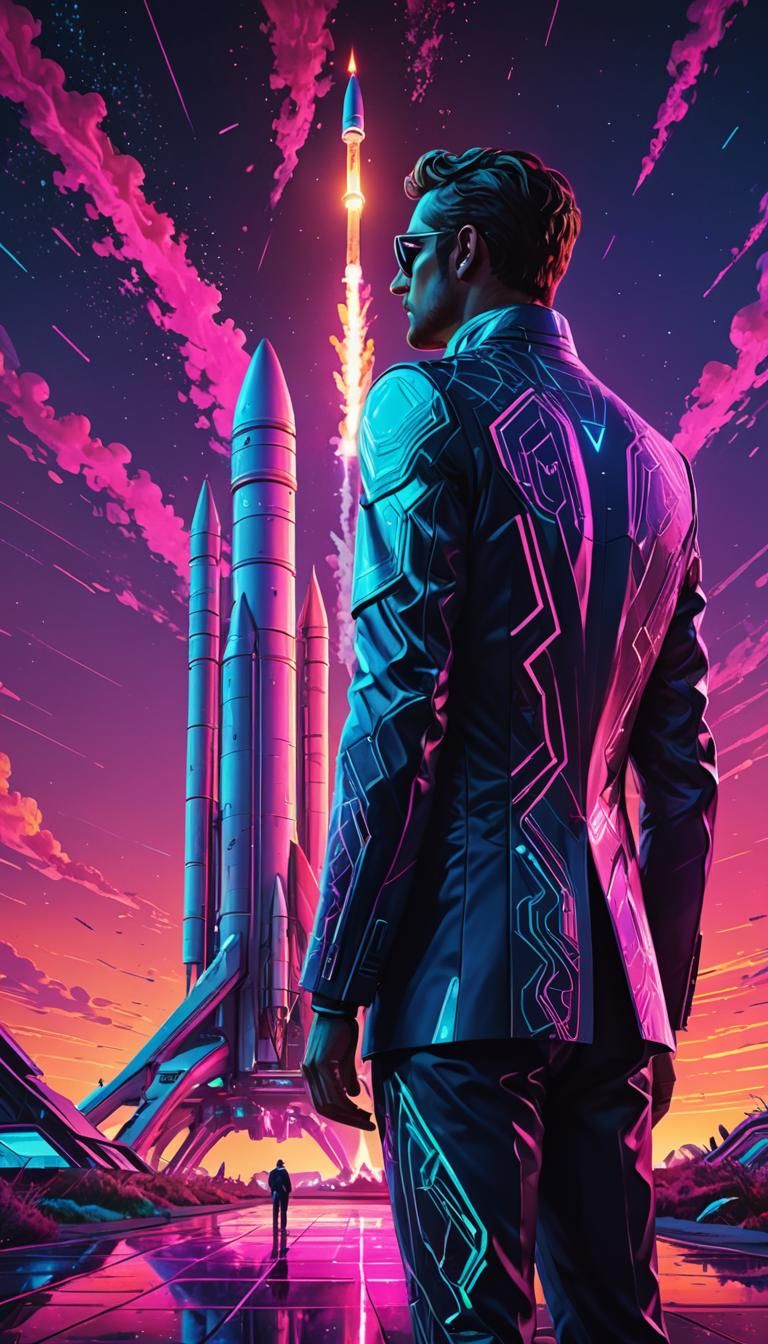 Synthwave Rocket Launch in Retro-Futuristic Style