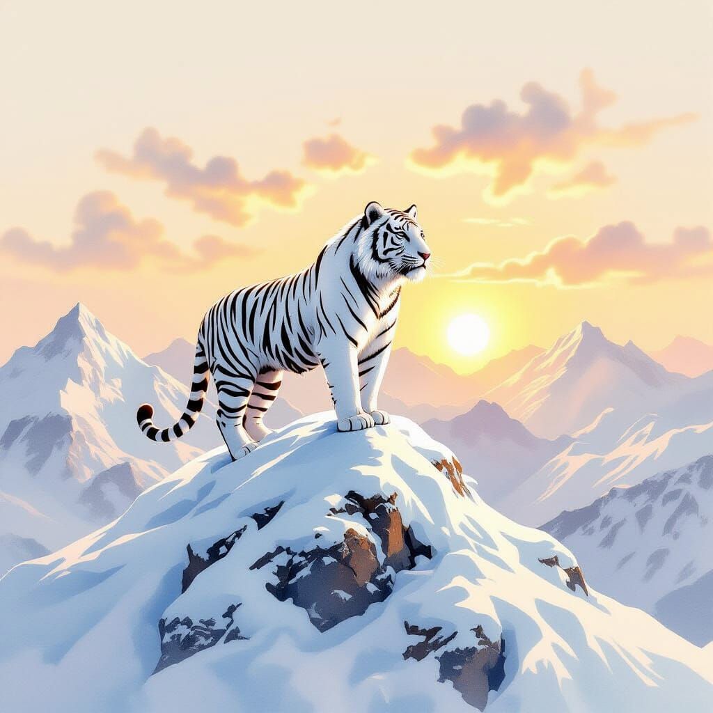 Majestic White Tiger on Snowy Peak as Watercolor