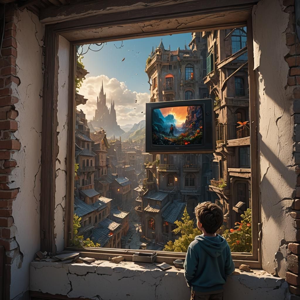 Boy Watching Flying TV: Detailed Matte Painting