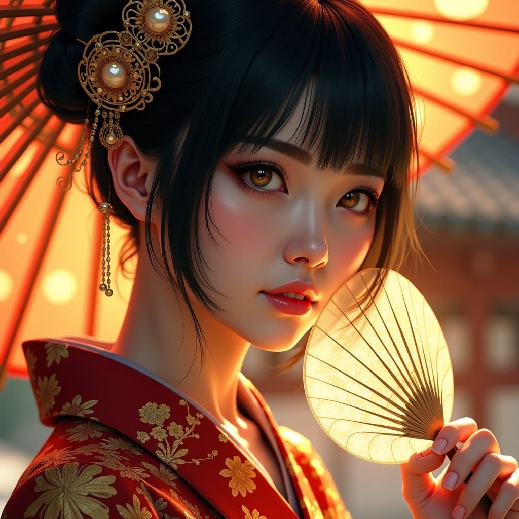 Mysterious Japanese Lady with Fan, Digital Art