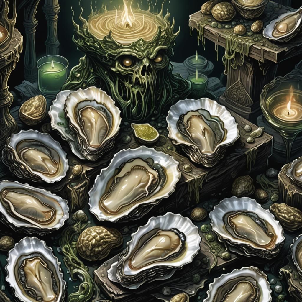 Eerie Oysters on a Twisted Altar: Dark Fantasy Art