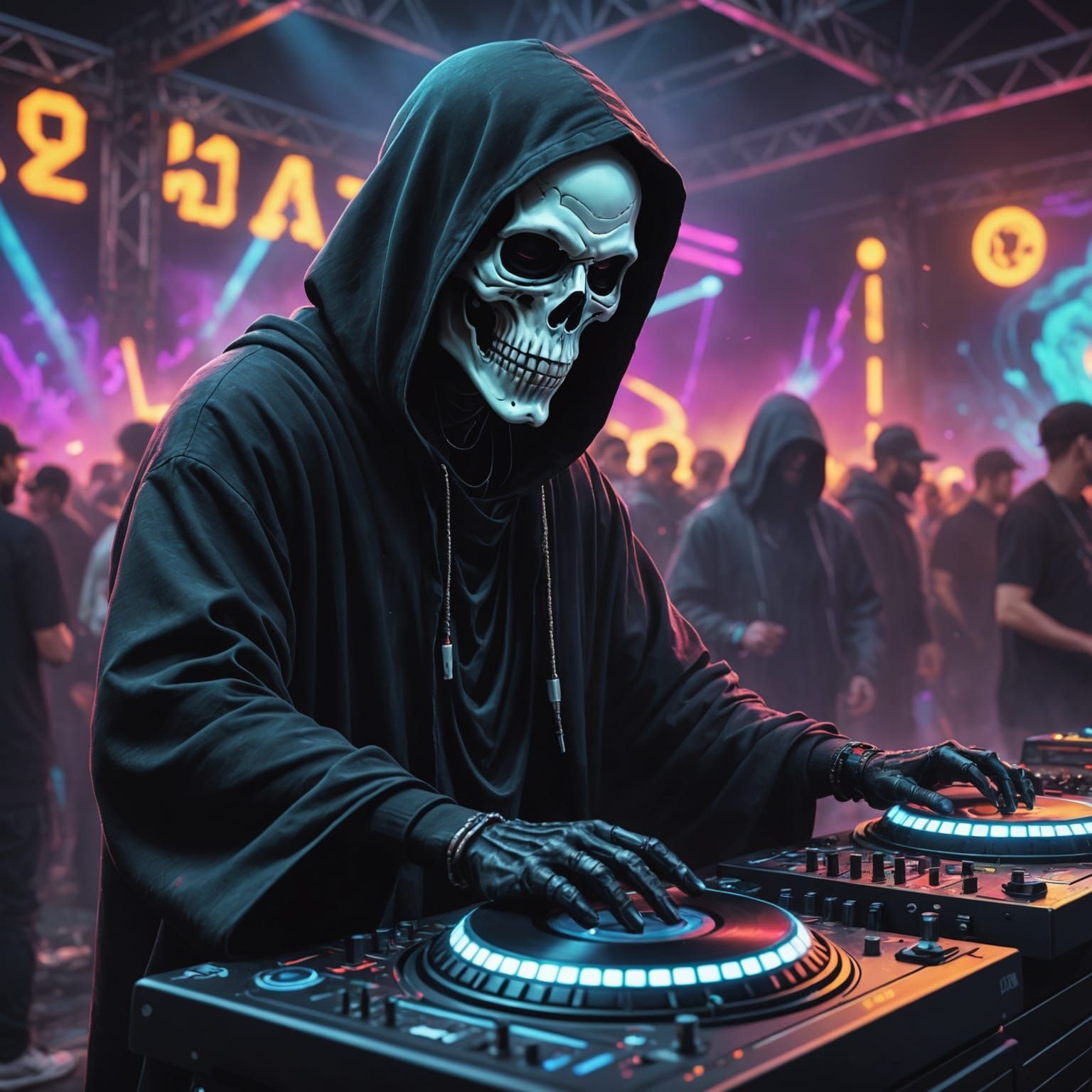Grim Reaper DJ at Ghost Rave: Hyperrealistic Art