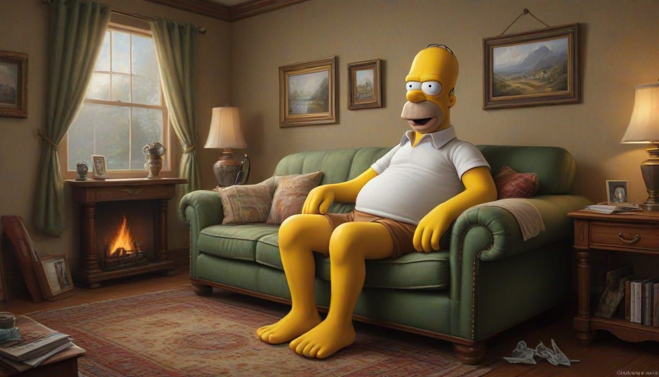 Homer Simpson Painted in Thomas Kinkade Style