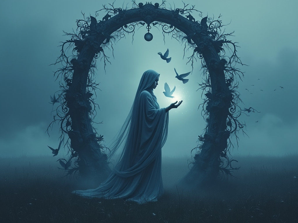 Mystical Woman Releasing Doves in Blue Haze