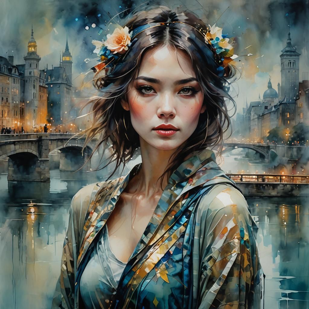 Surreal Cubist Portrait of Woman on Bridge