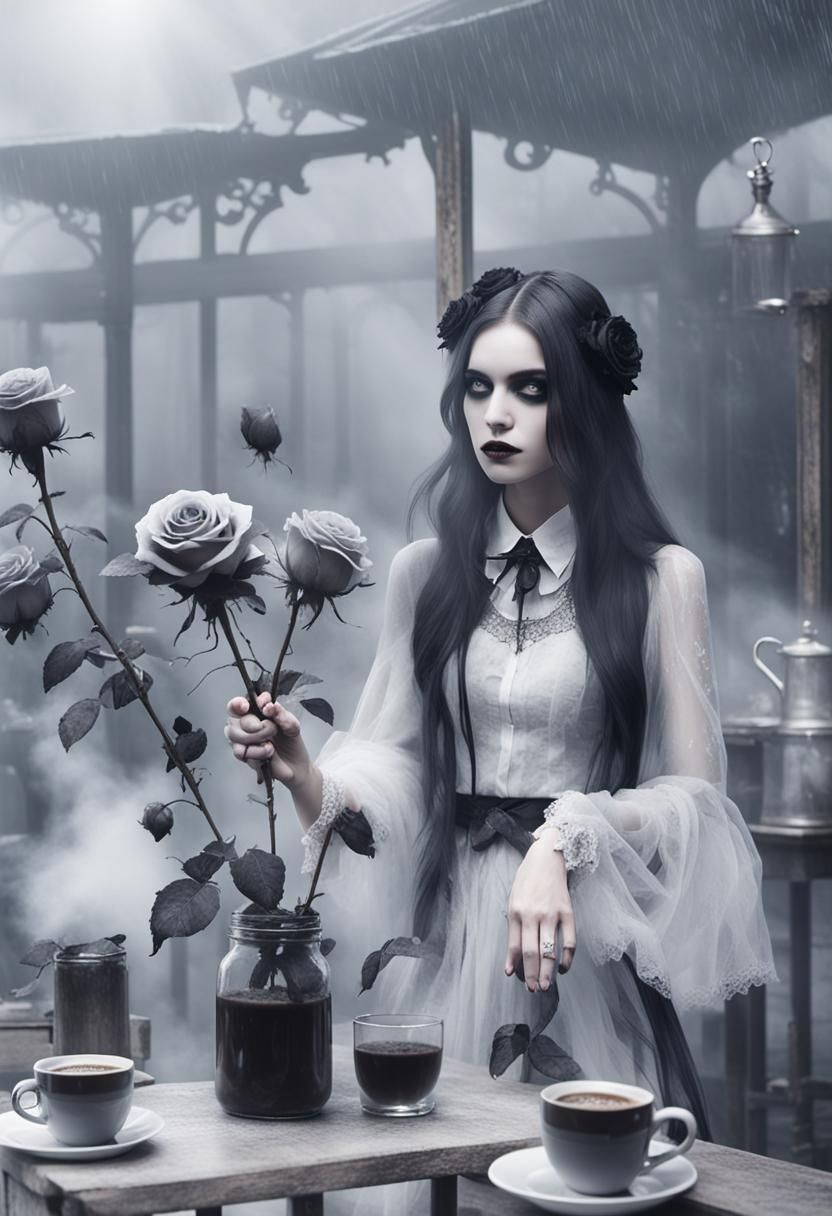 Gothic Model in Misty Coffee Shop with Roses
