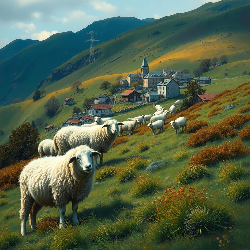 Sheep Graze in Hyperrealistic Village Landscape