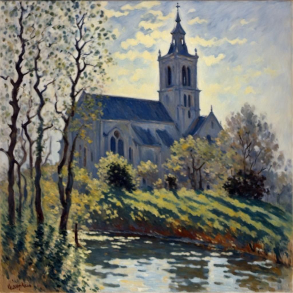 Monet Style Church in Varengaville Gouache Painting