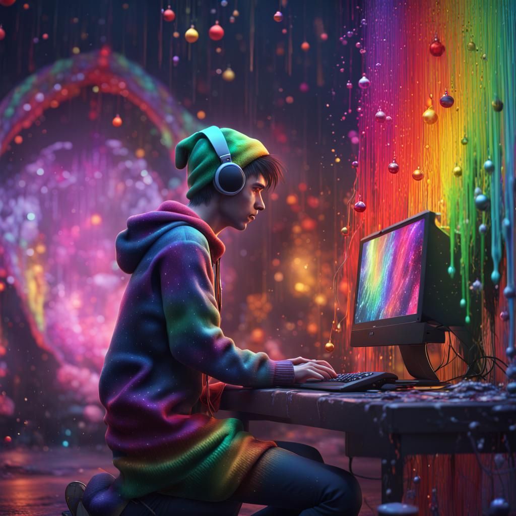 Christmas EMO Person Playing PC in Rainbow Drip