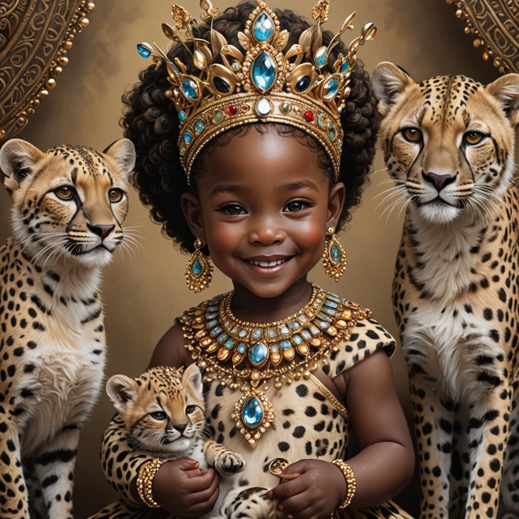 Hyperrealistic African Princess as Cheetah with Cub