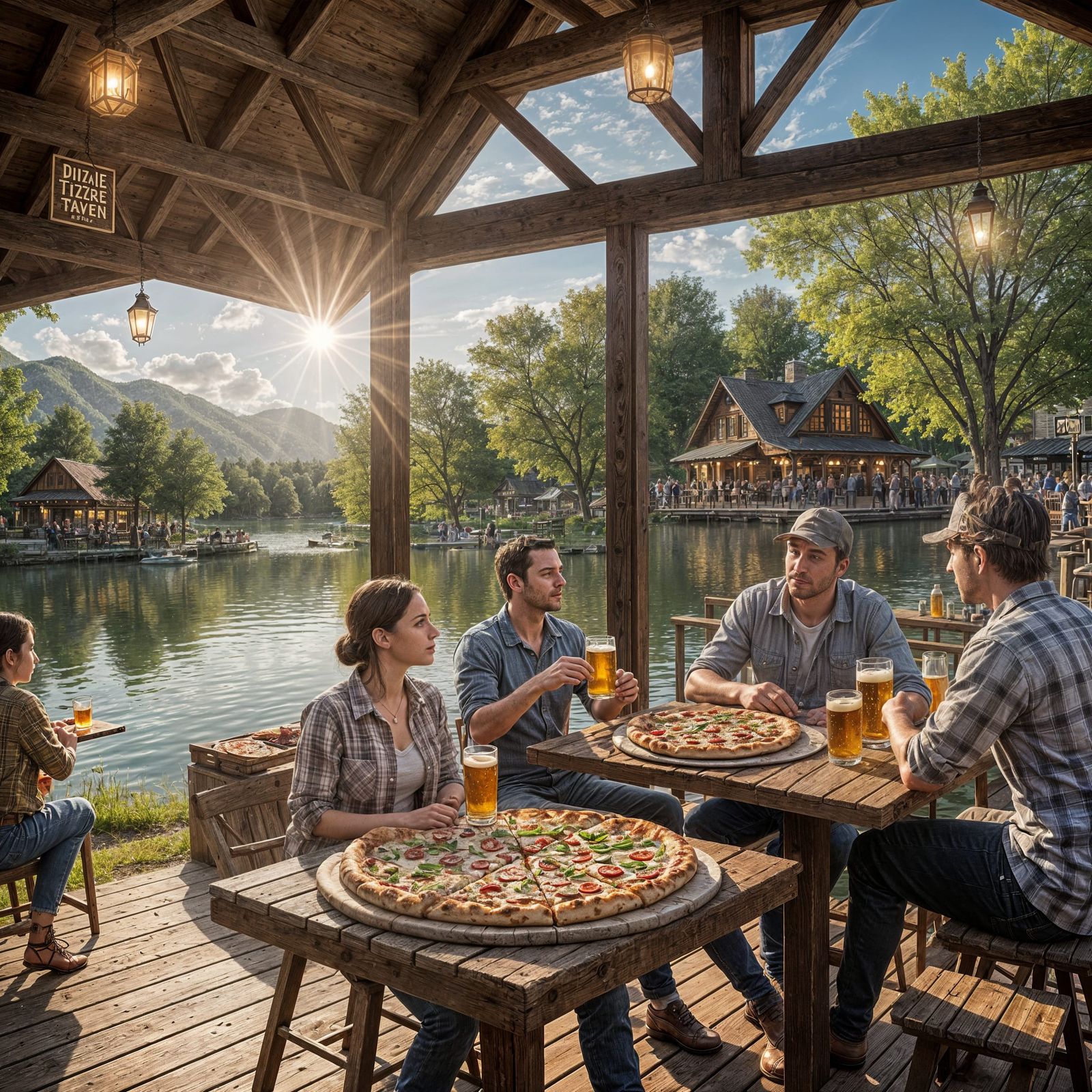 Cozy Lakeside Tavern with Pizza and Beer in Cinematic Light