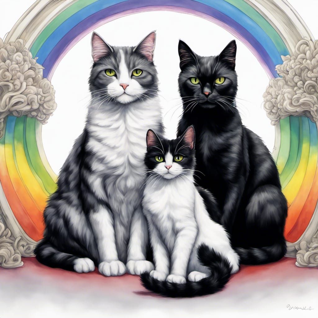 Cats on Rainbow Bridge in Anime Style