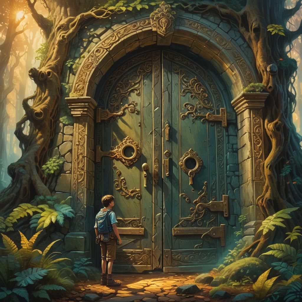 Mystical Forest: Adventurer at Stone Door in Oil Painting
