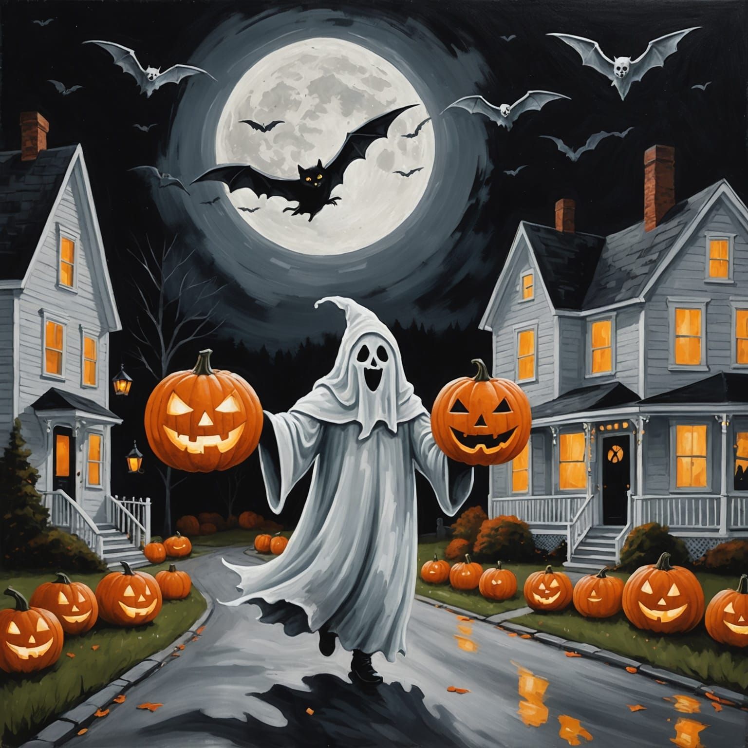 Halloween Ghost in New England Street, Matte Painting