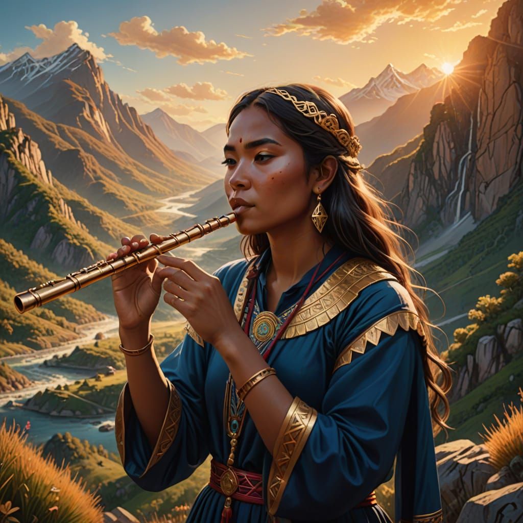 Girl Plays Flute in Front of Vibrant Mountains