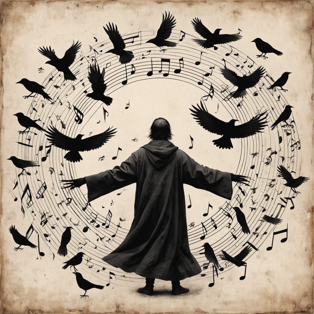 Surreal Figure Creates Music Amidst Crows and Notes