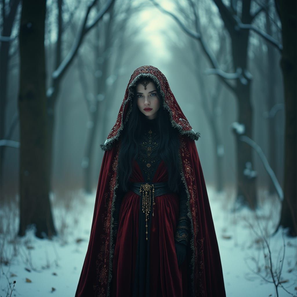 Mysterious Woman in Snowy Forest, Cinematic Style