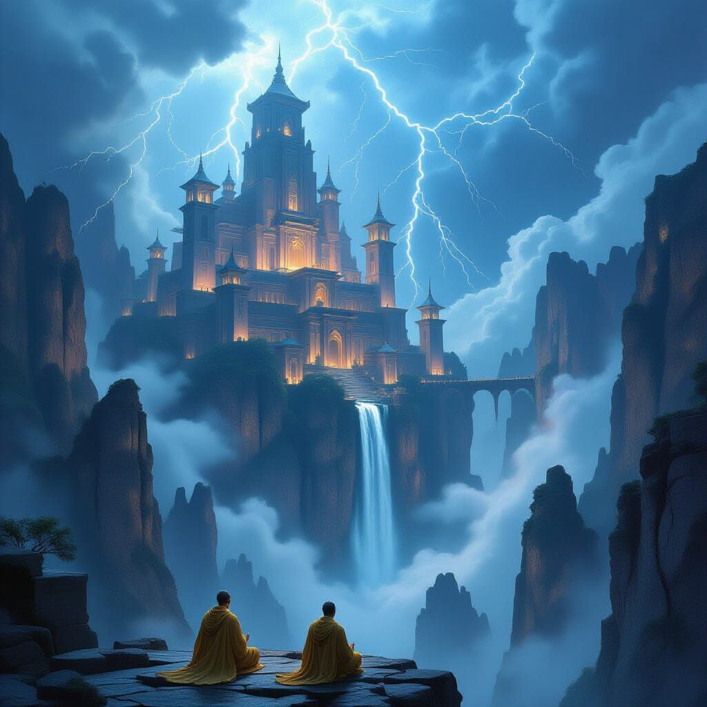 Epic Fantasy Sky Monastery Amidst Storm Clouds