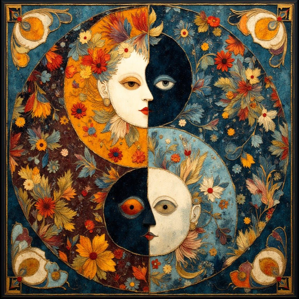 Vibrant Art Nouveau Yin-Yang with Floral Design