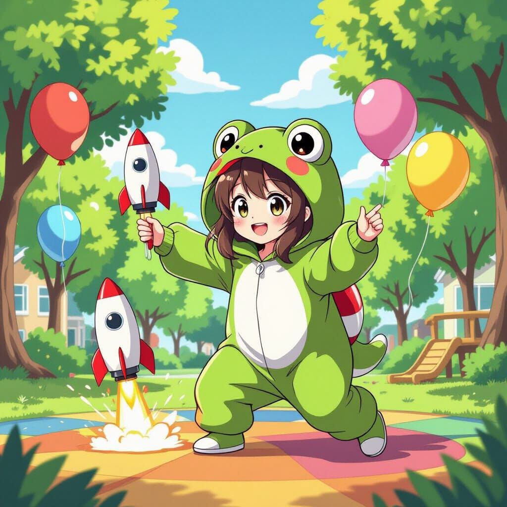 Frog Costume Woman Launches Rocket on Playground: Anime Draw...