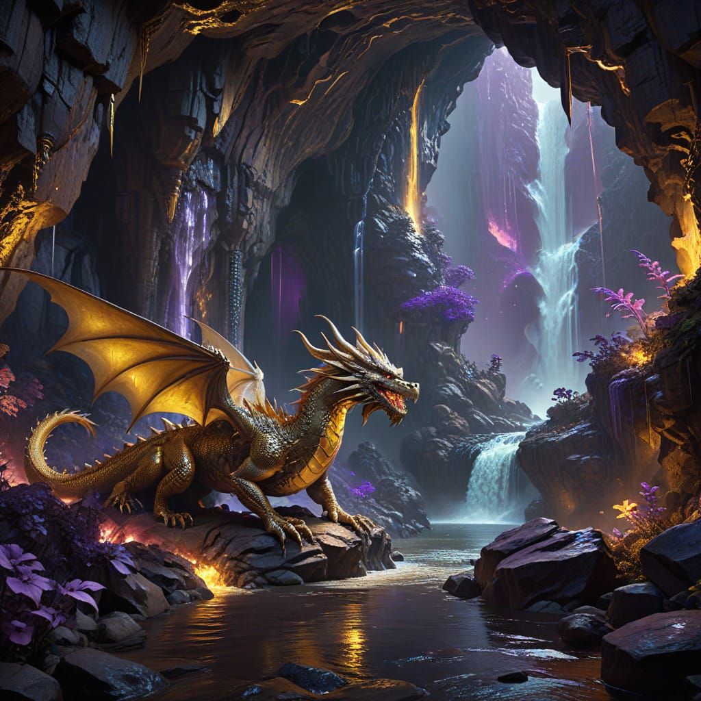 Majestic Gold Dragon in Dark Fantasy Cave