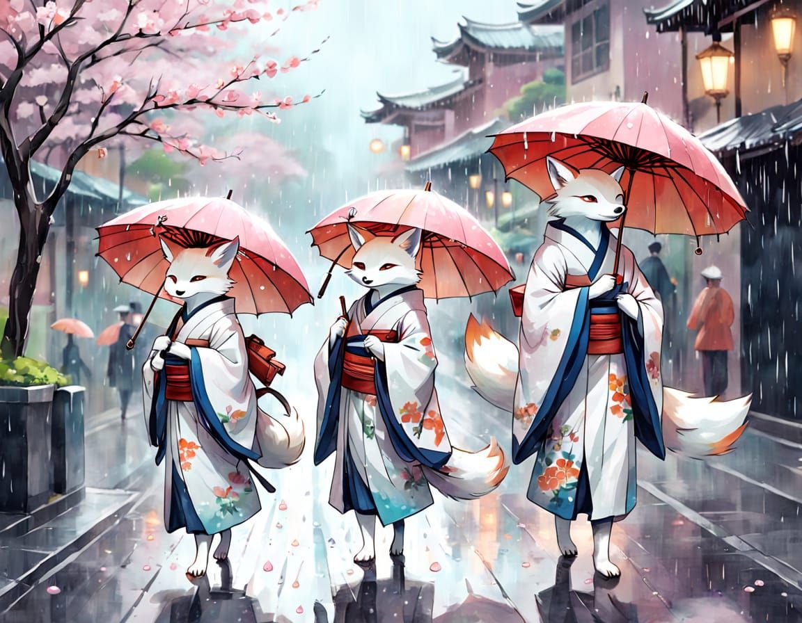 Whimsical Anime Geisha Foxes Stroll Under Cherry Blossoms