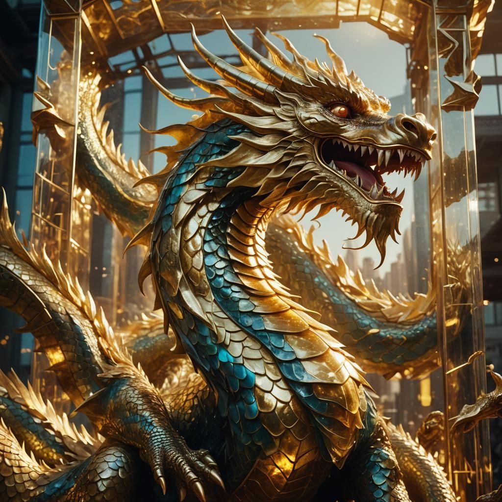 Golden Dragon in Glass Cinematic Film Still