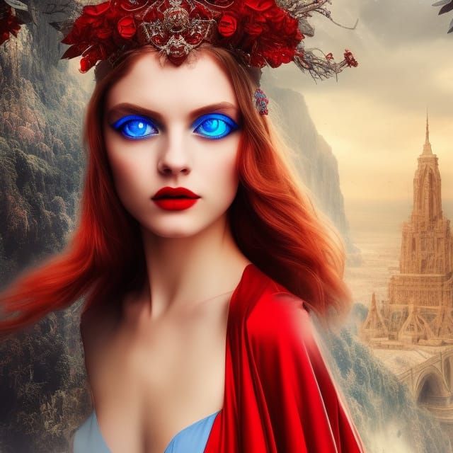 Woman with Blue Eyes in Red Gown