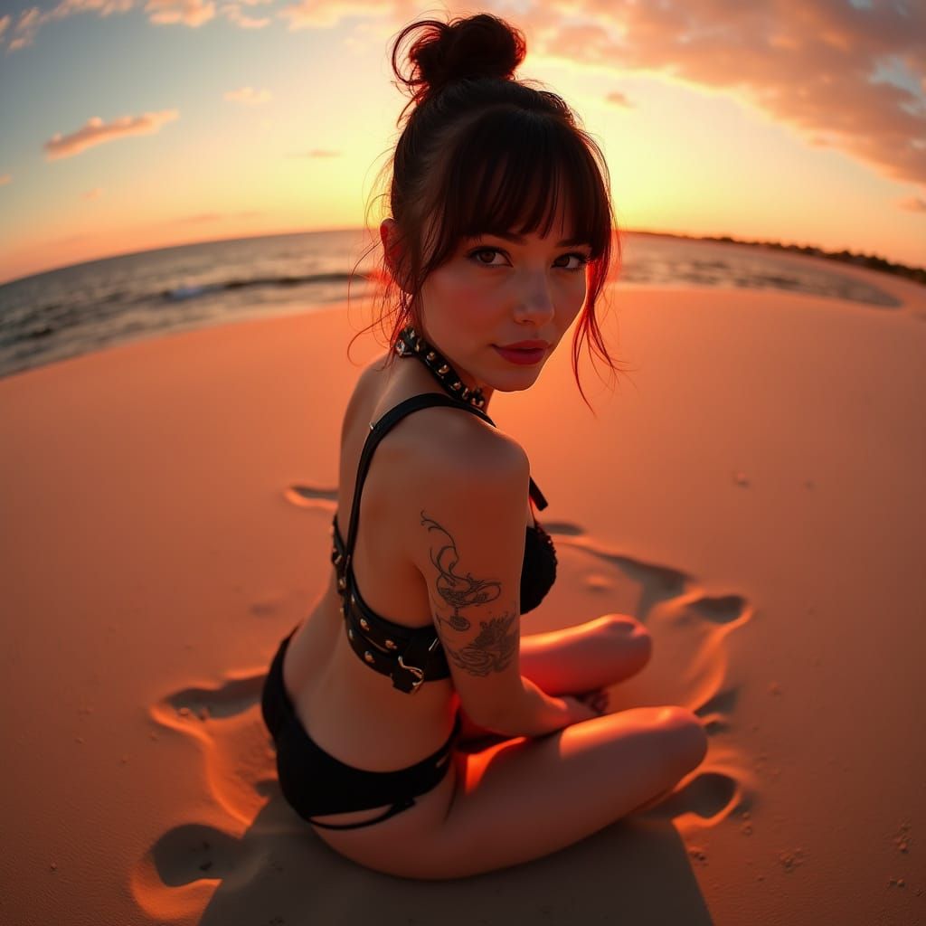 Confident Model Embracing Sunset in a Cyberpunk Aesthetic