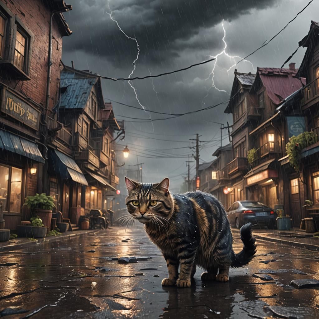 Cat in Rainy Town During Thunderstorm