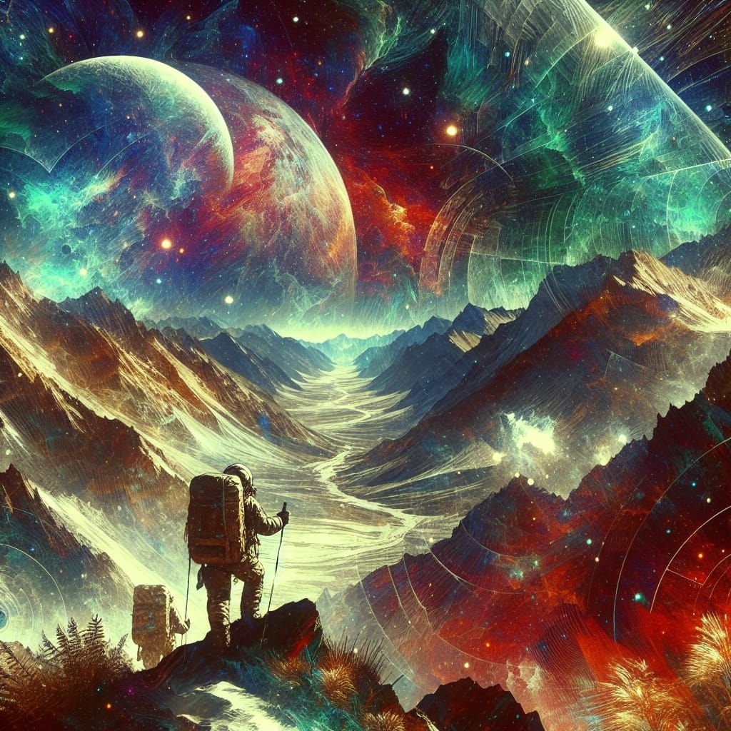 Space Travelers Hiking on Alien Planet Under Starry Sky