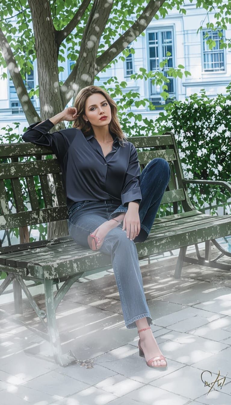 Woman on Bench in Golden Light, Art Nouveau Style