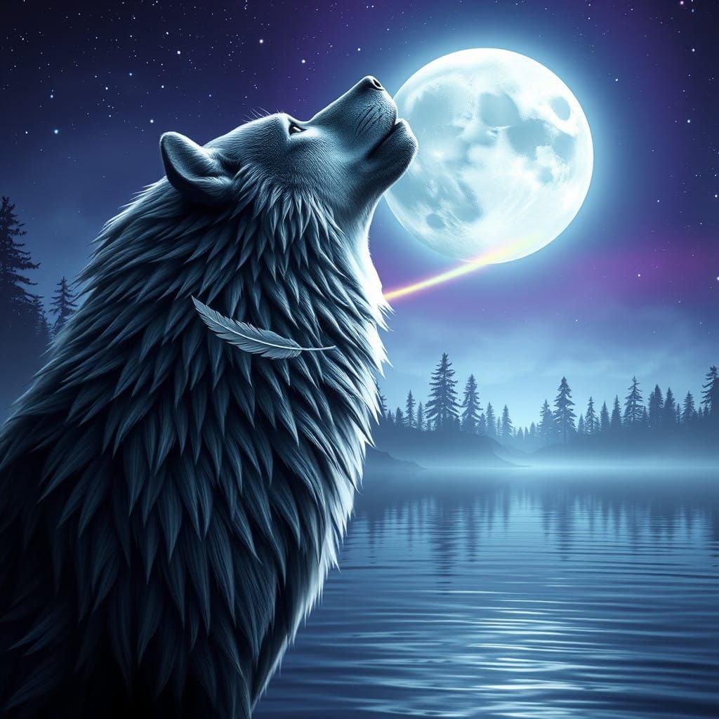 Wolf Transforms into Dreamy Night Landscape in Cyberpunk Dig...