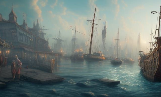 Whimsical Steampunk Harbor Scene in Detailed Matte Painting