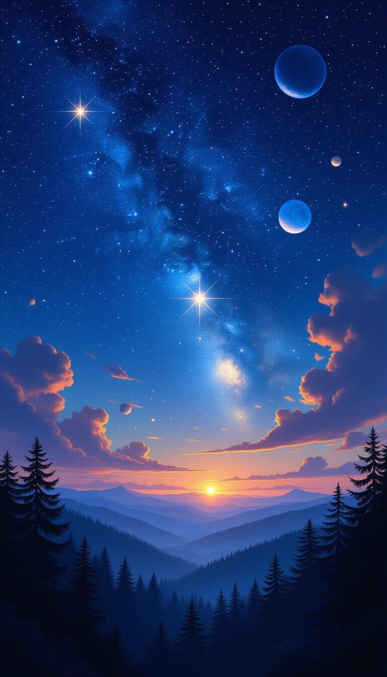 Starry Night Over Forest with Planets in Detailed Matte Pain...