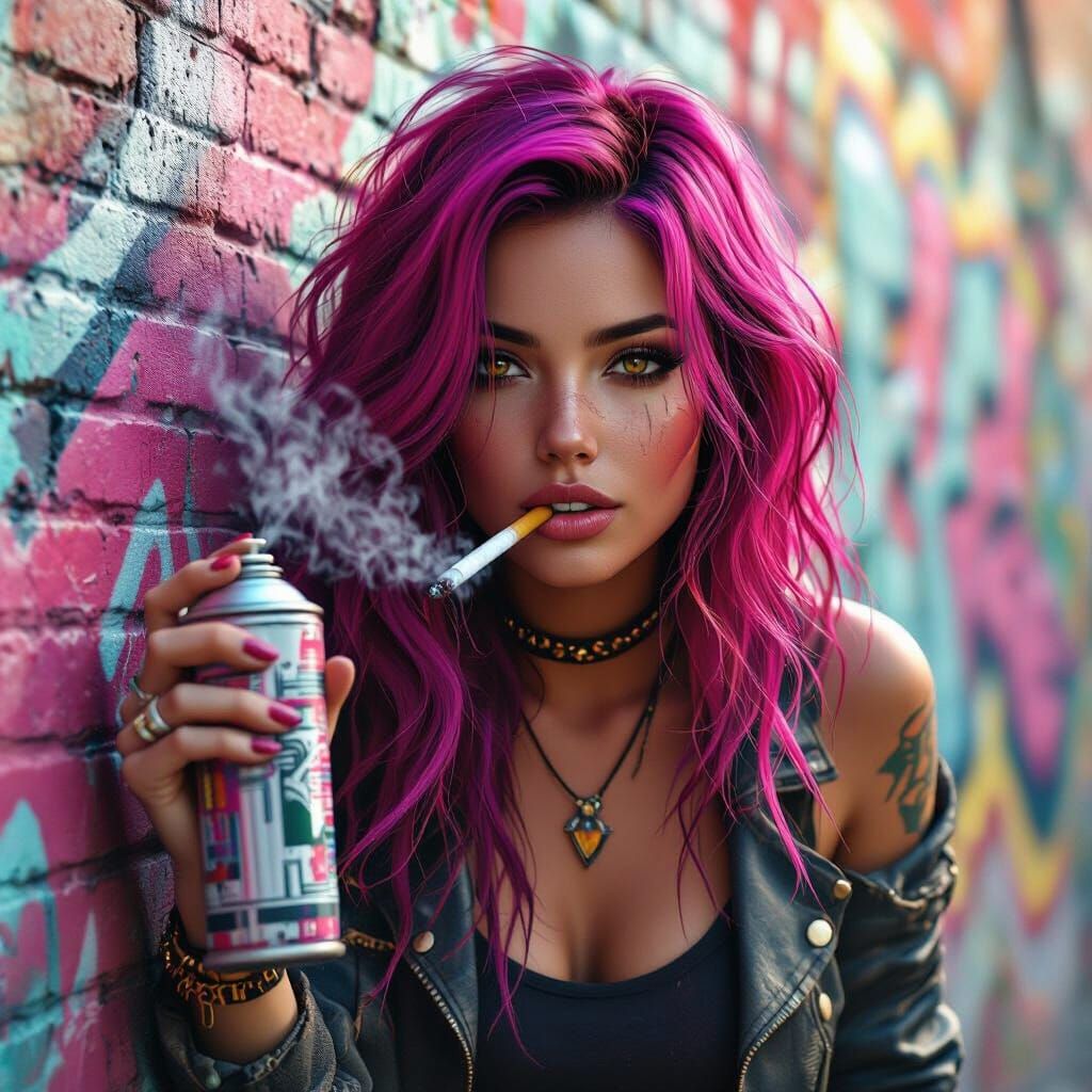 Woman Spray Painting Graffiti with Magenta Hair