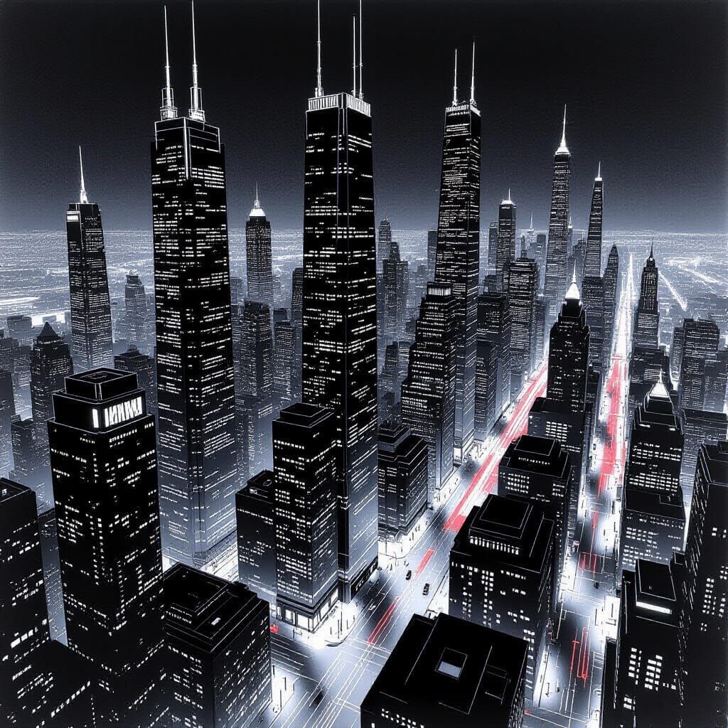 Night Metropolis from Above in Graphite Pencil Style