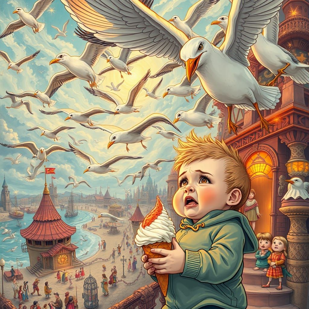 Seagulls Attack Toddler's Ice Cream in Whimsical Fantasy Sce...