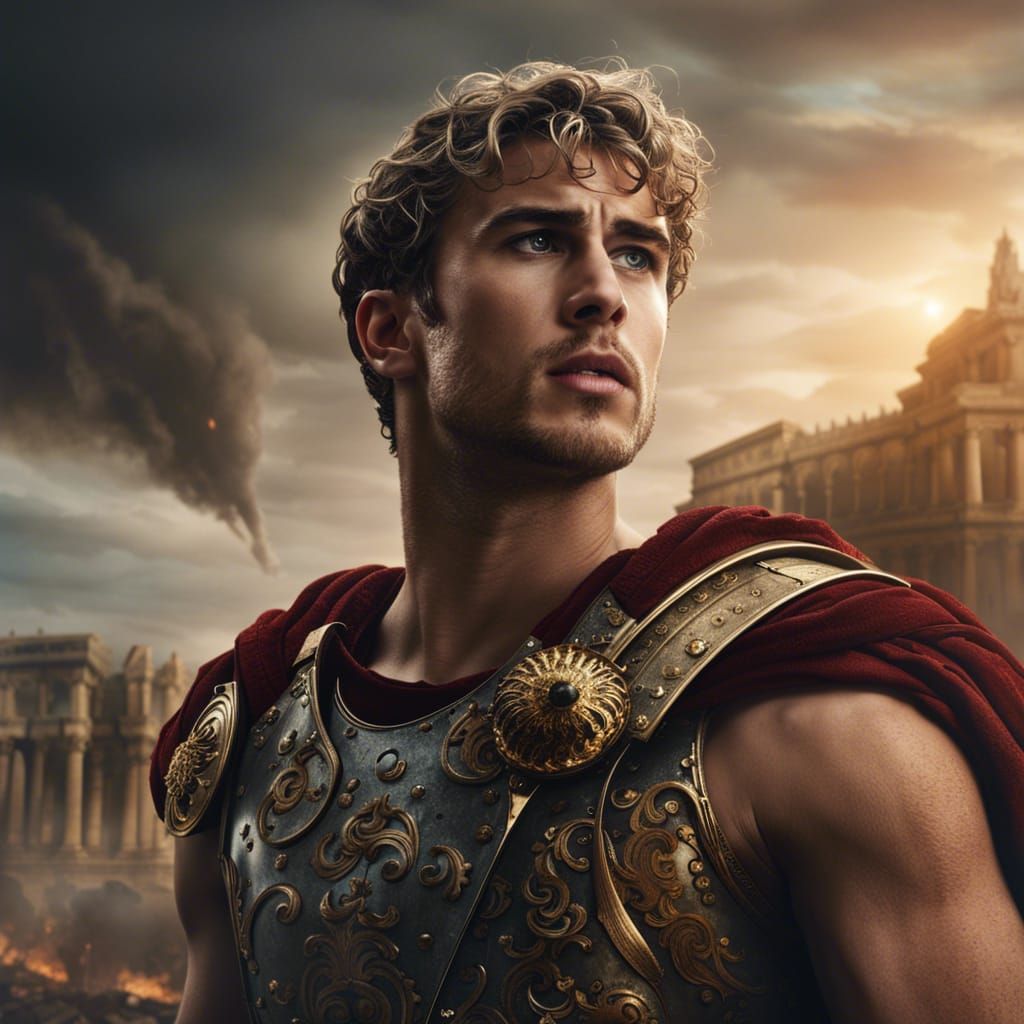Teen Man in Roman Armor with War-Torn Sky