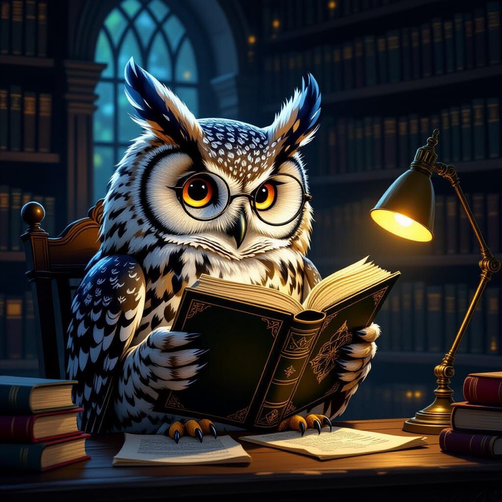 Wise Owl Reads Ancient Tome in Cozy Library