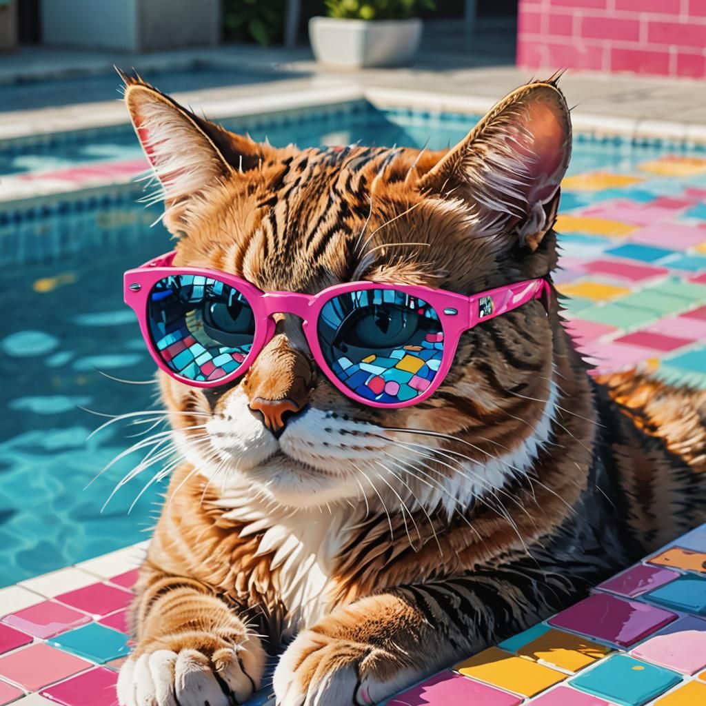 Cat in Sunglasses by Pool: Murakami-Inspired Digital Art