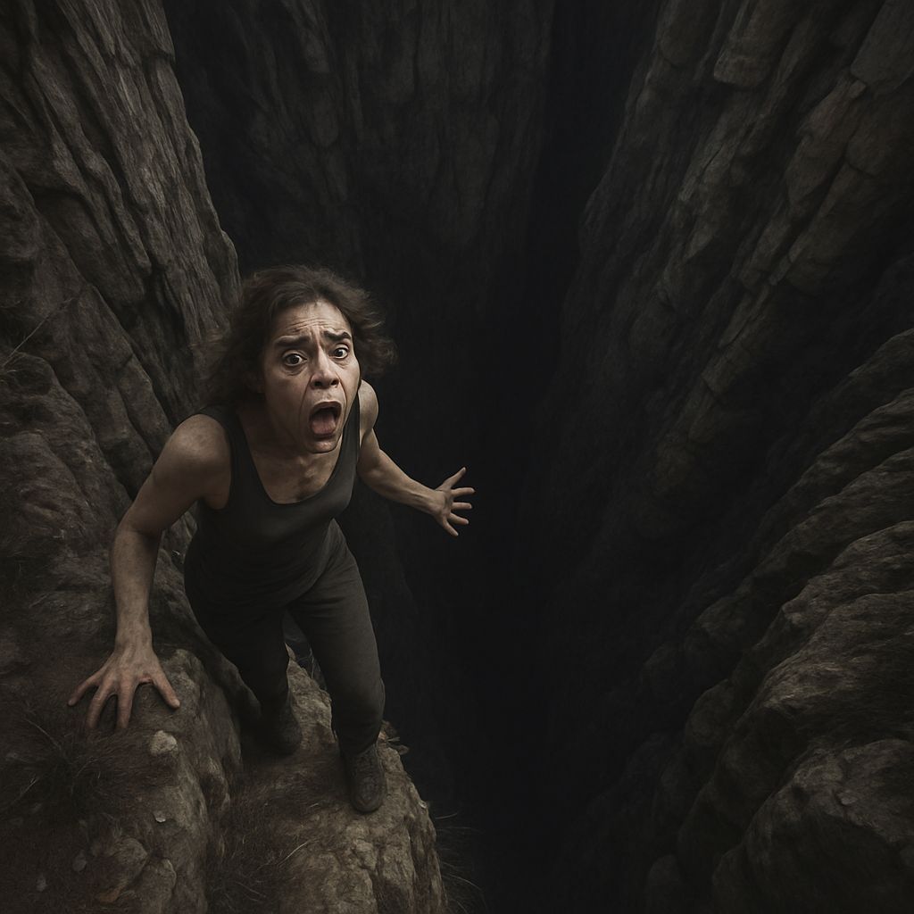 Dreamcore vertigo of a woman standing on the edge of a cliff...