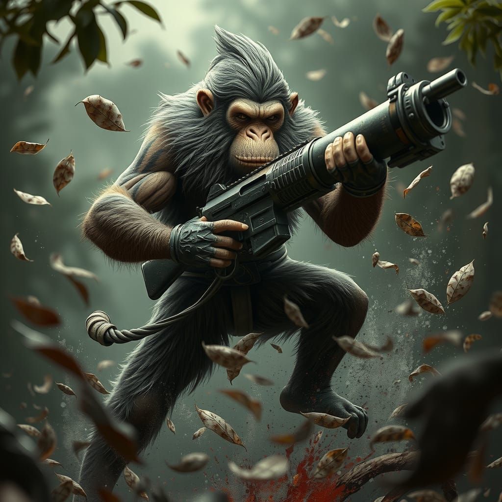 Primate Warrior with Firearm in Dynamic Stance