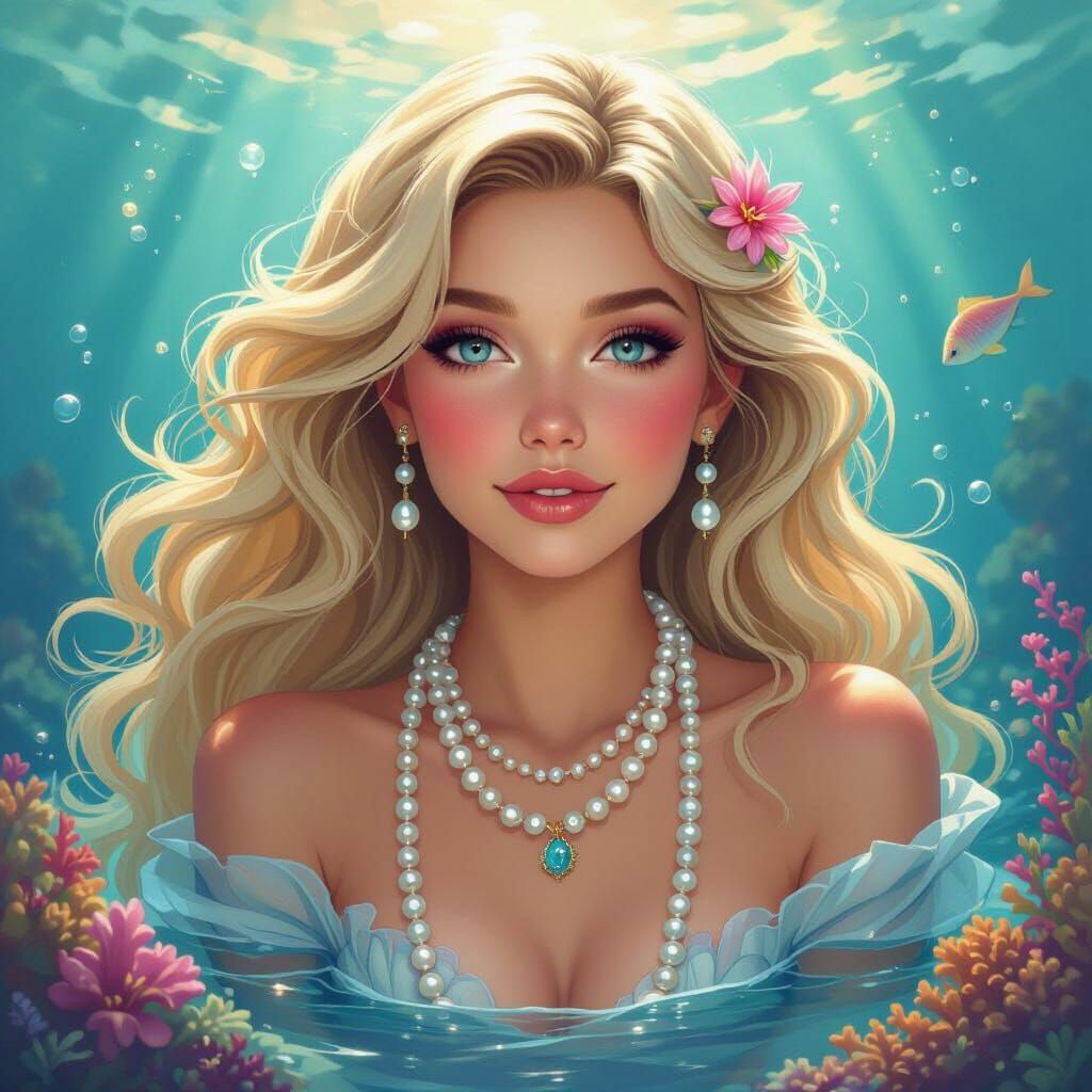 Ethereal Mermaid with Pearls in Dreamy Oceanic Scene