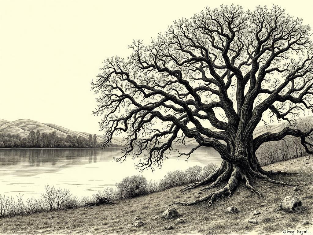 Lake Landscape with Oak Trees: Intricate Ink Drawing